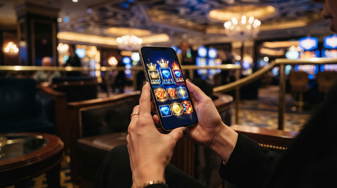 Speler die OHA Casino op een smartphone speelt met kleurrijke slots