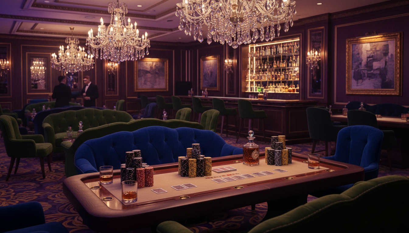 Elegante VIP casino loungeomgeving met paars en goud, luxe sfeer