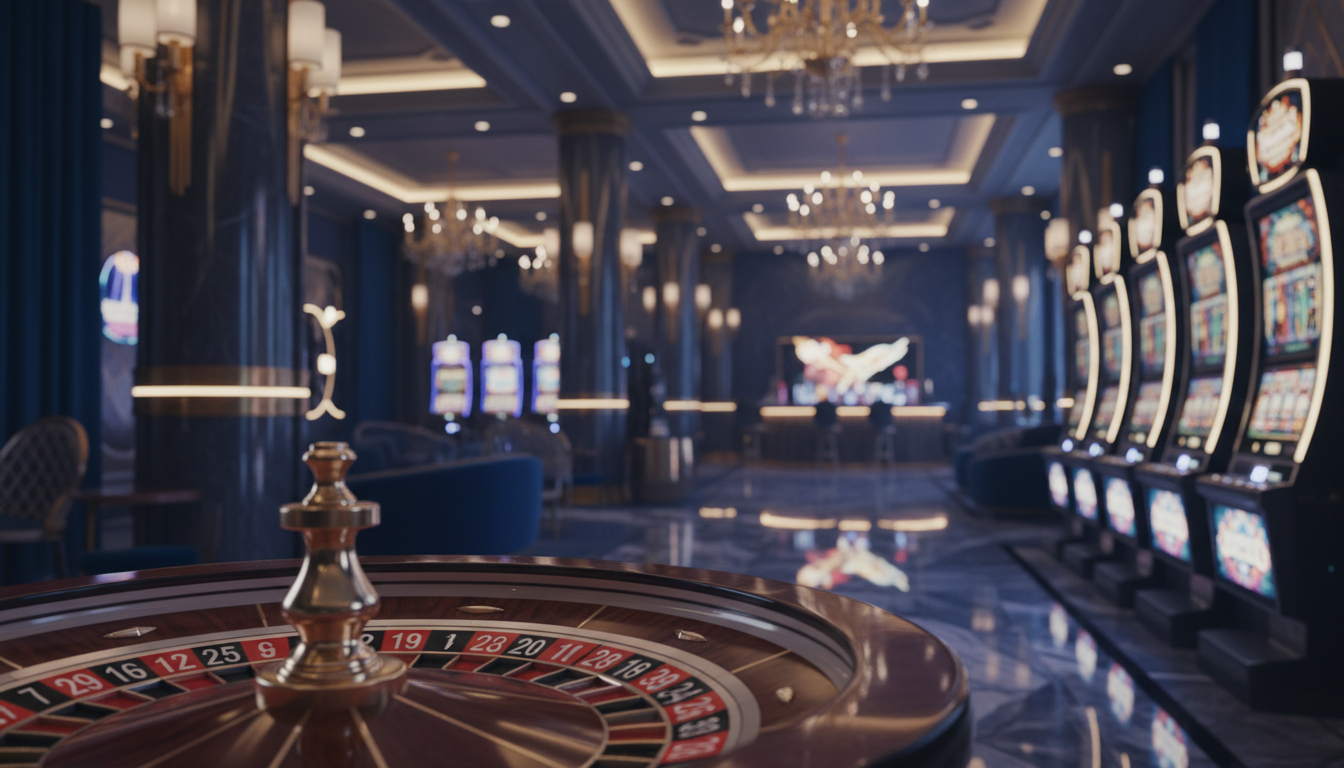 Sfeervolle premium online casino omgeving met roulette en speelautomaten