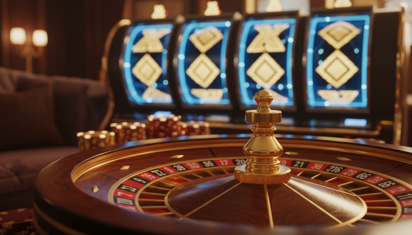 Sfeervol premium online casino met roulettetafel en slot-symbolen
