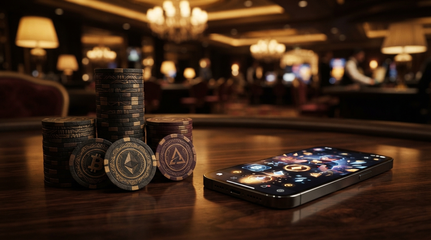 Elegante casino chips en smartphone op donkere tafel met warm licht